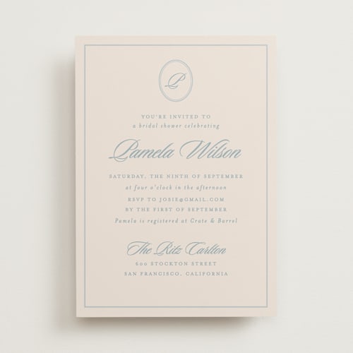 This is a powder bridal shower invitations with standard by Creo Study called scripted printing on signature in standard