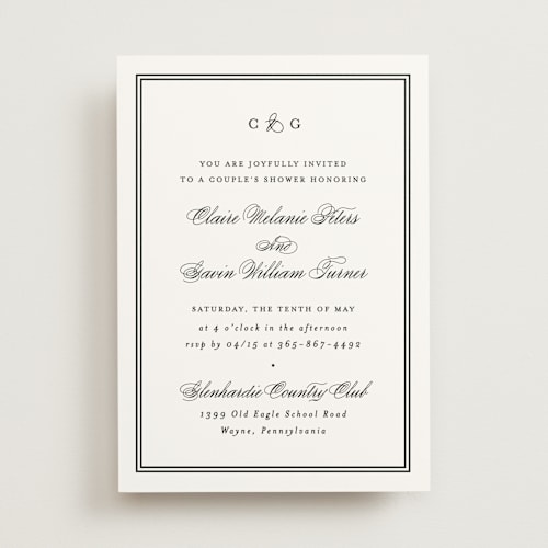 This is a tuxedo bridal shower invitations with standard by Carolyn MacLaren called timeless together printing on signature in standard