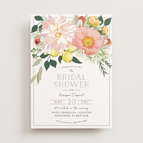This is a blush bridal shower invitations with standard by Susan Moyal called spring blooms printing on signature in standard
