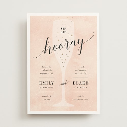 This is a champagne engagement party invitations with foil pressed by Kelly Schmidt called sip sip hooray printing on signature in standard