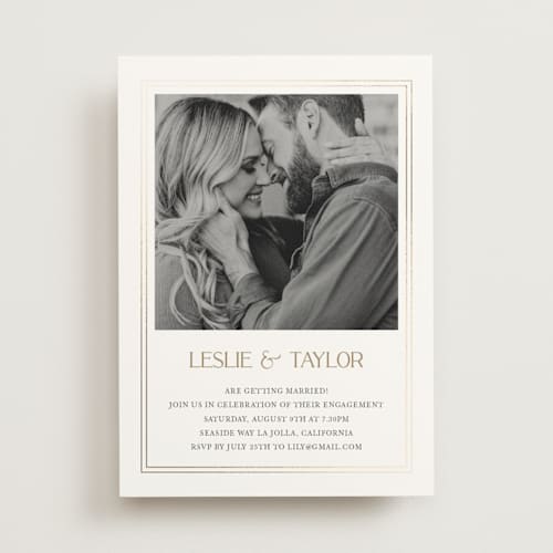 This is a chiffon engagement party invitations with foil pressed by Cass Loh called gilded frame printing on signature in standard