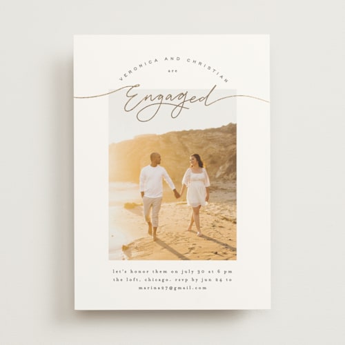 This is a lily engagement party invitations with foil pressed by Creo Study called scripted snapshot printing on signature in standard