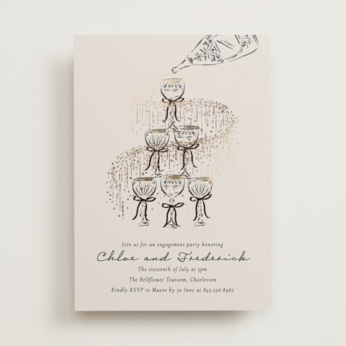 This is a noir engagement party invitations with foil pressed by Jackie Crawford called sparkling champagne tower printing on signature in standard