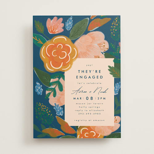 This is a indigo engagement party invitations with standard by Corie Page called floral whimsy printing on signature in standard
