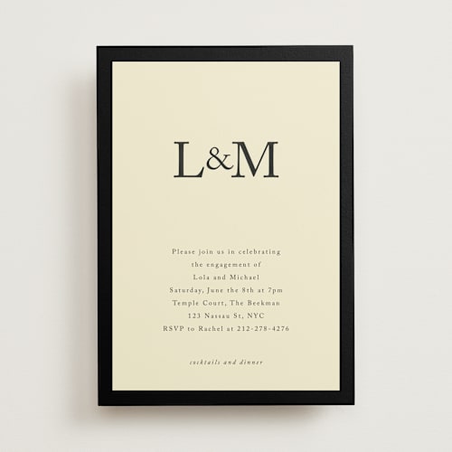 This is a midnight engagement party invitations with standard by mo kelley called classic initials printing on signature in standard