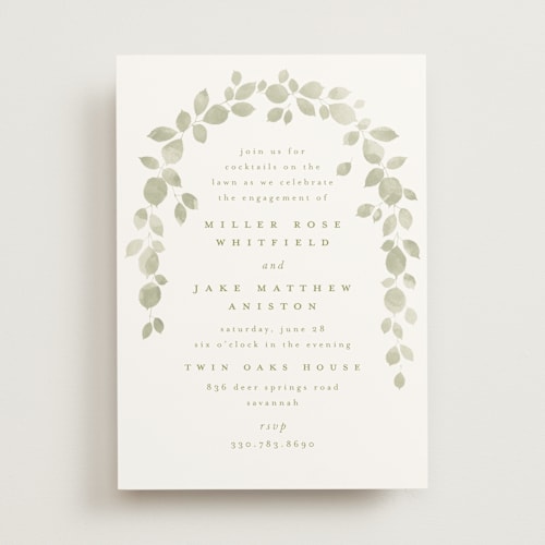 This is a leaf engagement party invitations with standard by Kristie Kern called garden gate printing on signature in standard
