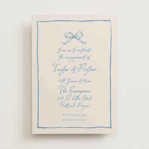 This is a dusty blue engagement party invitations with standard by Cass Loh called ribbon bow drawing printing on signature in standard