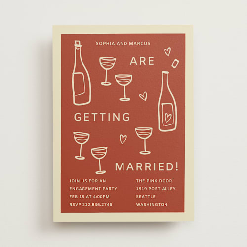 This is a rust engagement party invitations with standard by Ani Somi called bottles of love printing on signature in standard