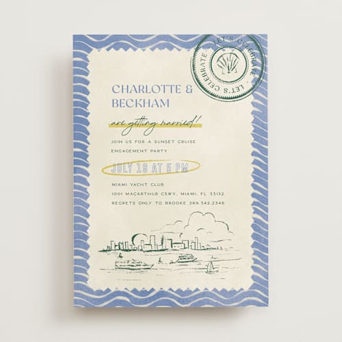 This is a island citrus engagement party invitations with standard by Pixel and Hank called coastal drift printing on signature in standard