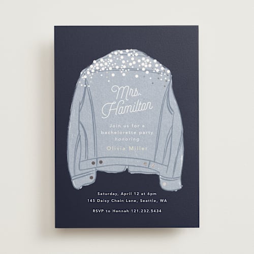 This is a chambray bachelorette party invitations with foil pressed by Hudson meet Rose called wife of the party printing on signature in standard