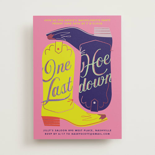 This is a peony bachelorette party invitations with standard by Baumbirdy called boots printing on signature in standard