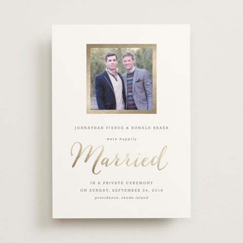 This is a gold wedding announcements with foil pressed by Hooray Creative called modern photo frame printing on signature in standard