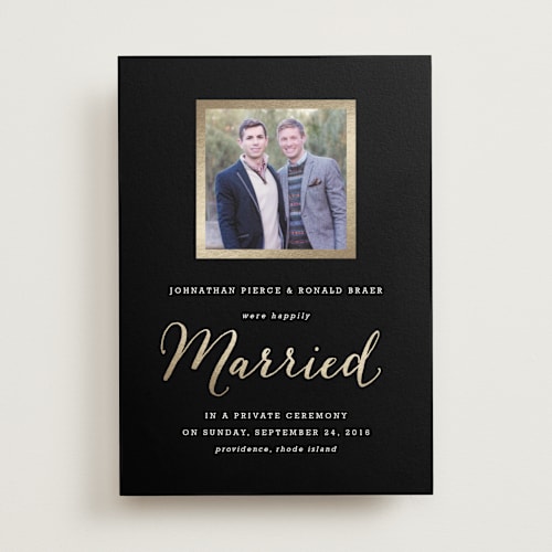 This is a onyx wedding announcements with foil pressed by Hooray Creative called modern photo frame printing on signature in standard