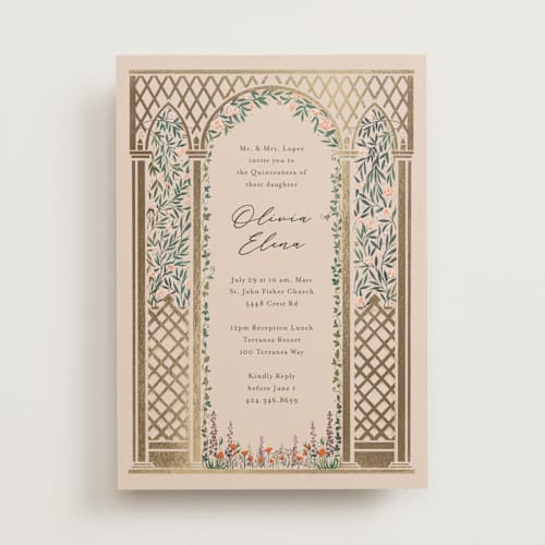 This is a sand quinceanera invitations with foil pressed by Becky Nimoy called victorian trellis printing on signature in standard