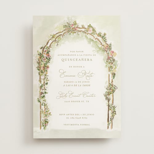 This is a evergreen quinceanera invitations with foil pressed by Lucrecia Caporale called floral arch printing on signature in standard