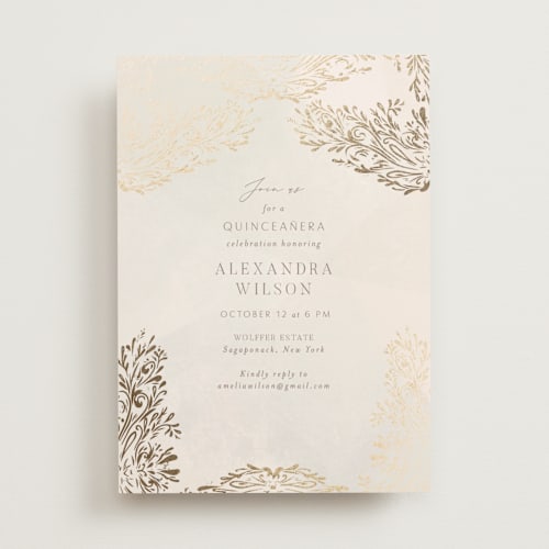 This is a cream bridal shower invitations with foil pressed by Nicoletta Savod called quinceañera elegance printing on signature in standard