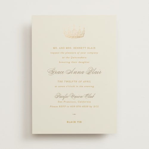 This is a caramel quinceanera invitations with foil pressed by Yolanda Mariak Chendak called belle of the ball printing on signature in standard