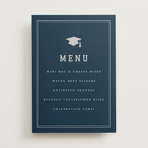 This is a navy graduation party decorations with standard by Sarah Curry called grad ribbon printing on doublethick in 5x7