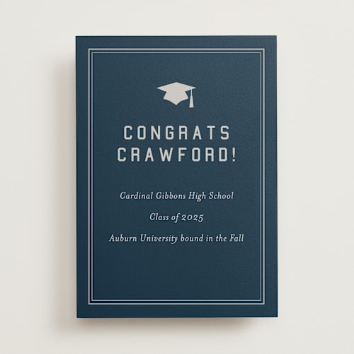 This is a navy graduation party decorations with standard by Sarah Curry called grad ribbon printing on doublethick in 5x7