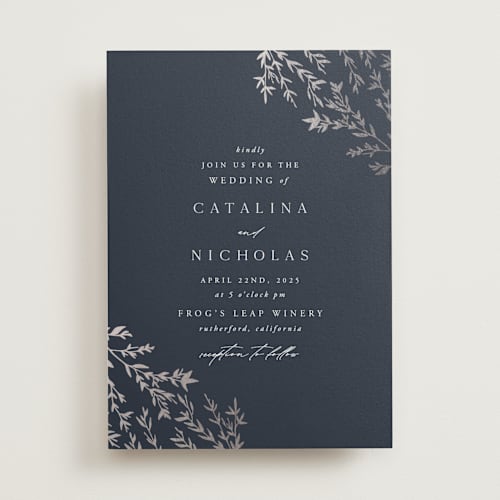 This is a navy foil stamped wedding invitations with foil pressed by Carolyn Nicks called swoon printing on signature in standard