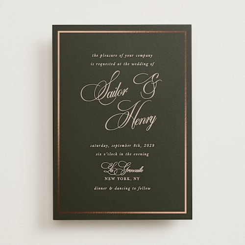 This is a midnight forest foil stamped wedding invitations with foil pressed by Morgan Kendall called playbill printing on signature in standard
