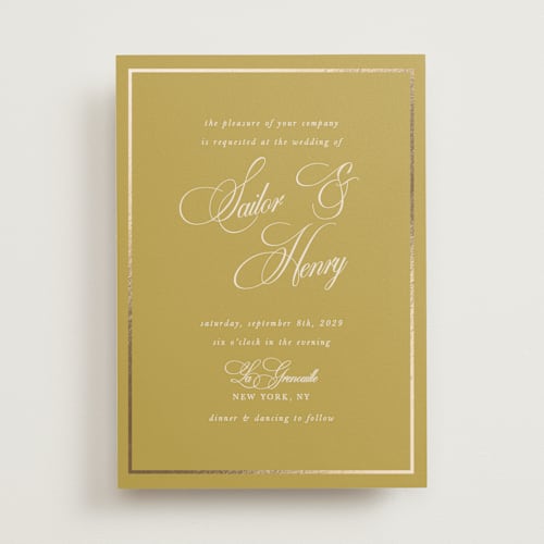 This is a honeycomb foil stamped wedding invitations with foil pressed by Morgan Kendall called playbill printing on signature in standard
