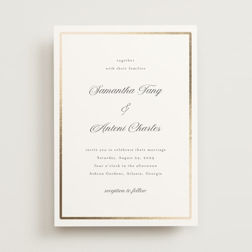 This is a cloud foil stamped wedding invitations with foil pressed by Nicole Walsh called tux printing on signature in standard