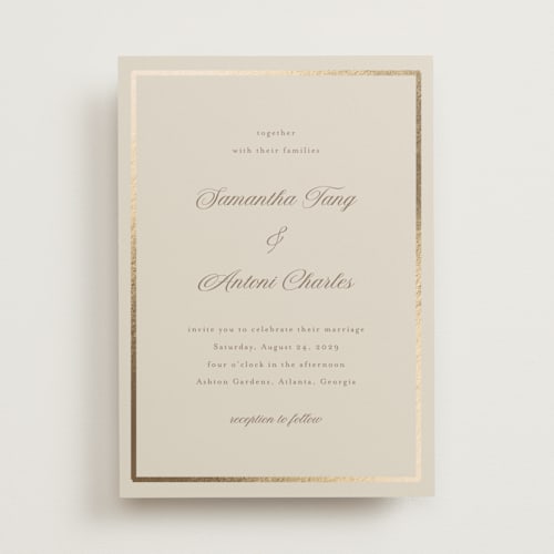 This is a biscotti foil stamped wedding invitations with foil pressed by Nicole Walsh called tux printing on signature in standard