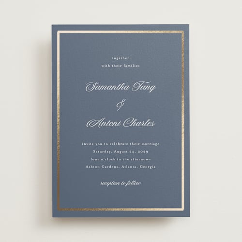 This is a cornflower foil stamped wedding invitations with foil pressed by Nicole Walsh called tux printing on signature in standard