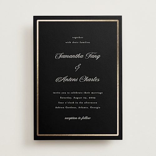 This is a midnight foil stamped wedding invitations with foil pressed by Nicole Walsh called tux printing on signature in standard