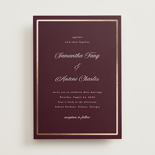 This is a merlot foil stamped wedding invitations with foil pressed by Nicole Walsh called tux printing on signature in standard