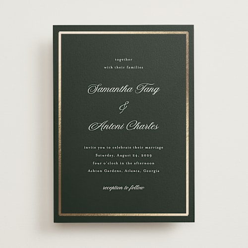 This is a evergreen foil stamped wedding invitations with foil pressed by Nicole Walsh called tux printing on signature in standard