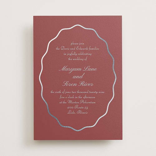 This is a burgundy foil stamped wedding invitations with foil pressed by Baumbirdy called scallop frame printing on signature in standard