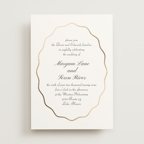 This is a pearl foil stamped wedding invitations with foil pressed by Baumbirdy called scallop frame printing on signature in standard