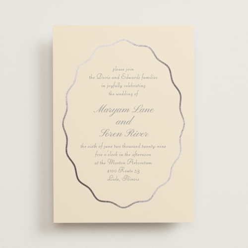 This is a lemon foil stamped wedding invitations with foil pressed by Baumbirdy called scallop frame printing on signature in standard