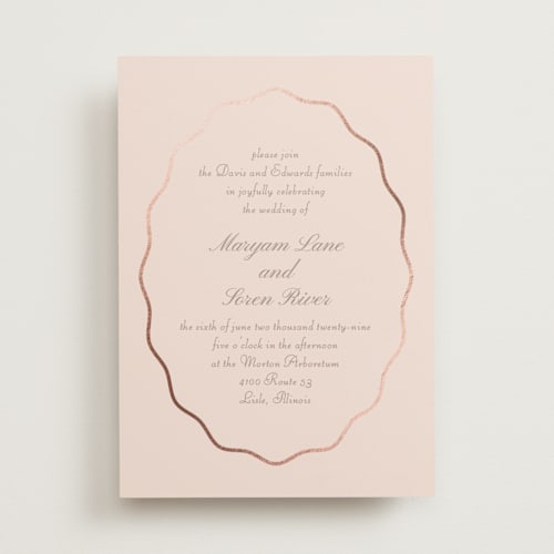 This is a petal foil stamped wedding invitations with foil pressed by Baumbirdy called scallop frame printing on signature in standard