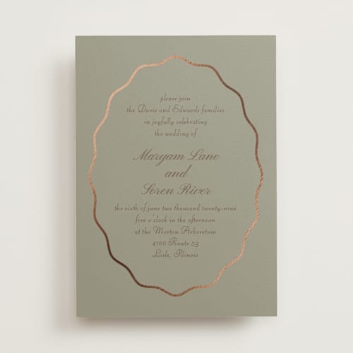 This is a grass foil stamped wedding invitations with foil pressed by Baumbirdy called scallop frame printing on signature in standard