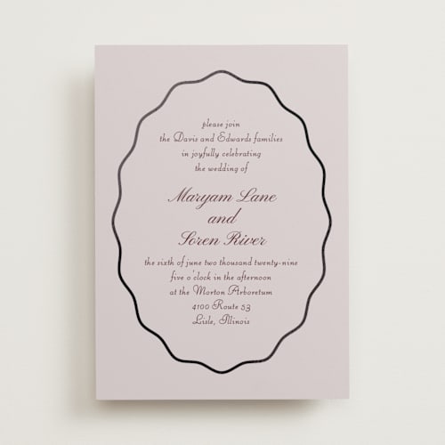 This is a lavender foil stamped wedding invitations with foil pressed by Baumbirdy called scallop frame printing on signature in standard