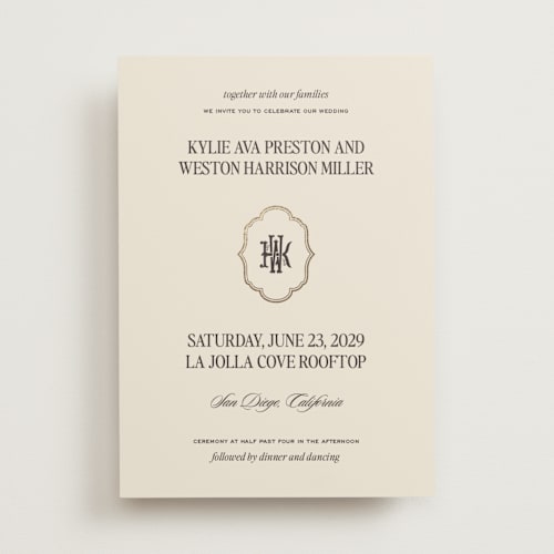 This is a ecru foil stamped wedding invitations with foil pressed by Jenna Holcomb called modern vintage printing on signature in standard