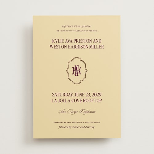 This is a butter foil stamped wedding invitations with foil pressed by Jenna Holcomb called modern vintage printing on signature in standard