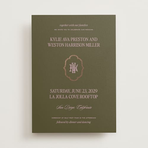 This is a orchid foil stamped wedding invitations with foil pressed by Jenna Holcomb called modern vintage printing on signature in standard