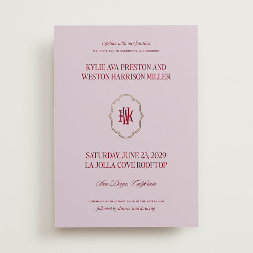This is a berry foil stamped wedding invitations with foil pressed by Jenna Holcomb called modern vintage printing on signature in standard