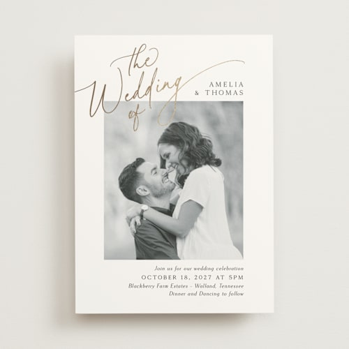 This is a marshmallow foil stamped wedding invitations with foil pressed by Kaydi Bishop called the wedding printing on signature in standard