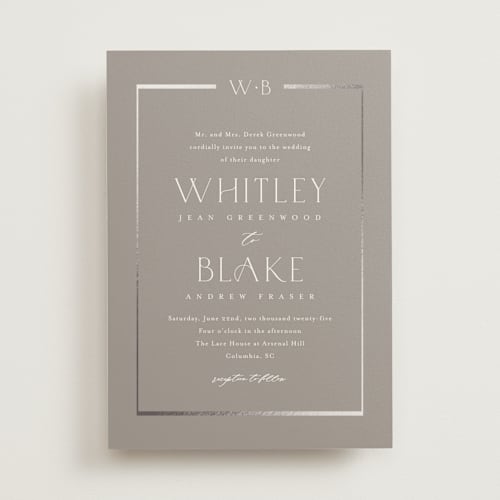 This is a cobble foil stamped wedding invitations with foil pressed by Stacey Meacham called luster printing on signature in standard
