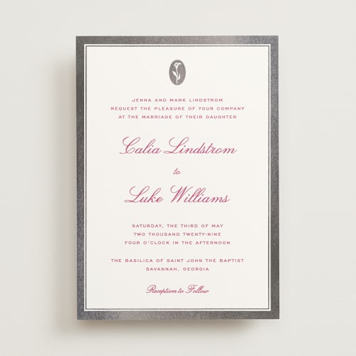 This is a magenta foil stamped wedding invitations with foil pressed by Ani Somi called calia printing on signature in standard