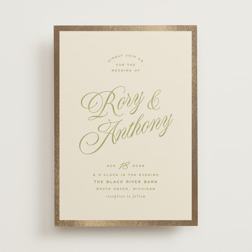 This is a olive foil stamped wedding invitations with foil pressed by Ellen Schlegelmilch called rory printing on signature in standard