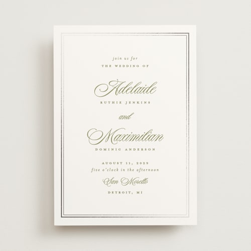 This is a olive foil stamped wedding invitations with foil pressed by Ellen Schlegelmilch called museo printing on signature in standard