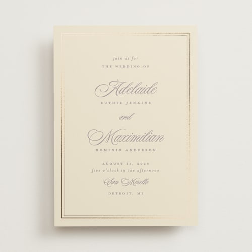 This is a mauve foil stamped wedding invitations with foil pressed by Ellen Schlegelmilch called museo printing on signature in standard