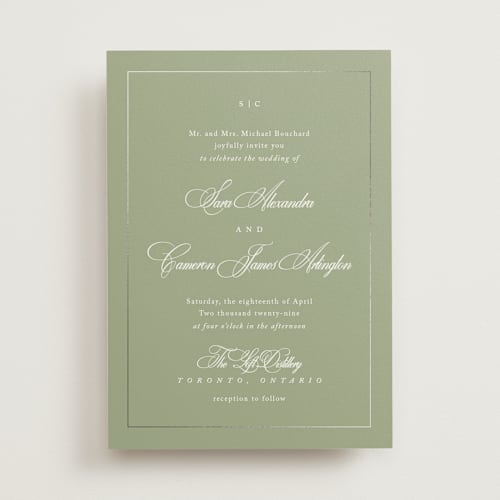 This is a garden foil stamped wedding invitations with foil pressed by Kelly Schmidt called greenwood printing on signature in standard