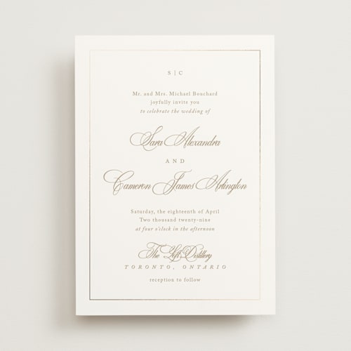 This is a golden foil stamped wedding invitations with foil pressed by Kelly Schmidt called greenwood printing on signature in standard